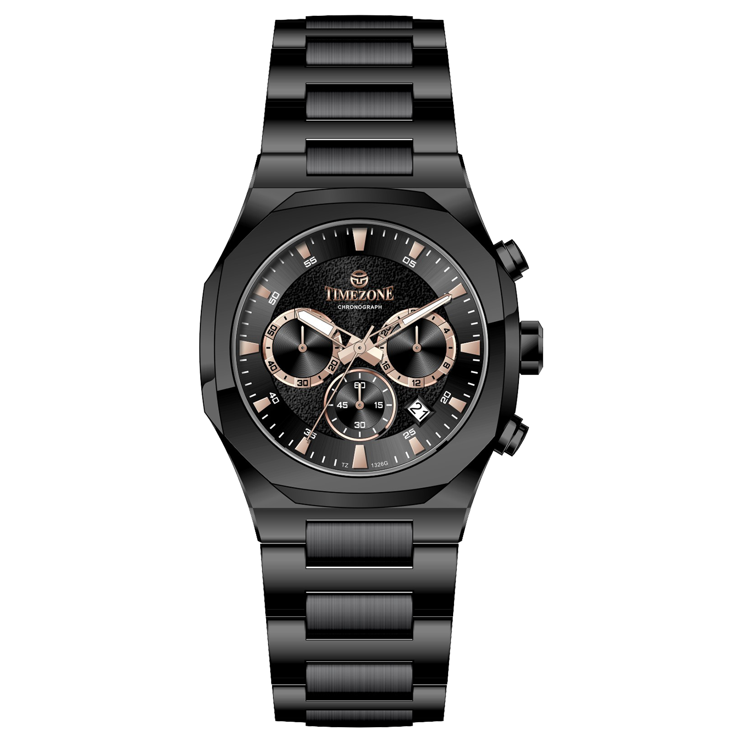 Branded wrist watches for men in pakistan. A black analog chronograph watch with a stainless steel band and a dial featuring multiple subdials and a date display.