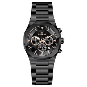 Branded wrist watches for men in pakistan. A black analog chronograph watch with a stainless steel band and a dial featuring multiple subdials and a date display.