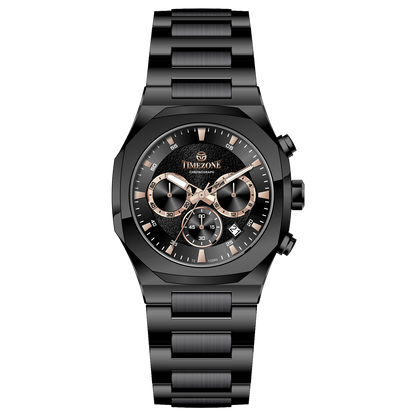 Branded wrist watches for men in pakistan. A black analog chronograph watch with a stainless steel band and a dial featuring multiple subdials and a date display.