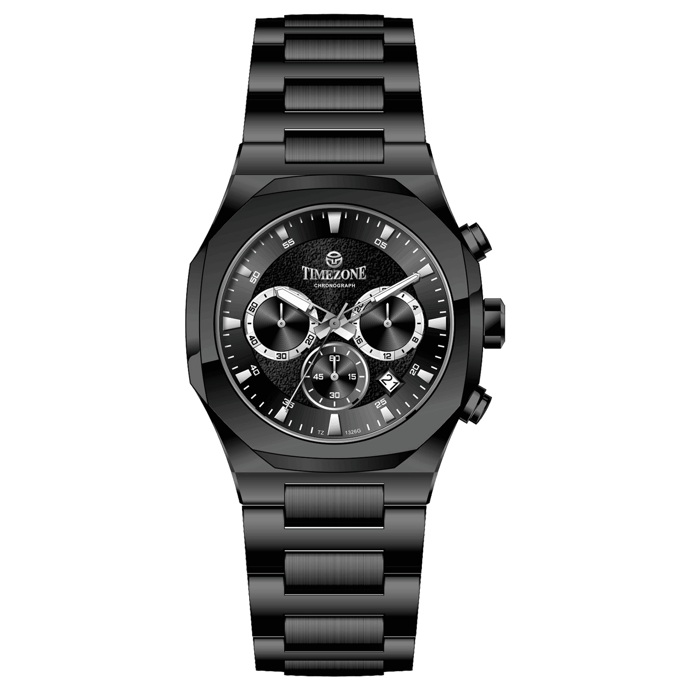Branded wrist watches for men in pakistan. A black analog chronograph watch with a stainless steel band and a dial featuring multiple subdials and a date display.