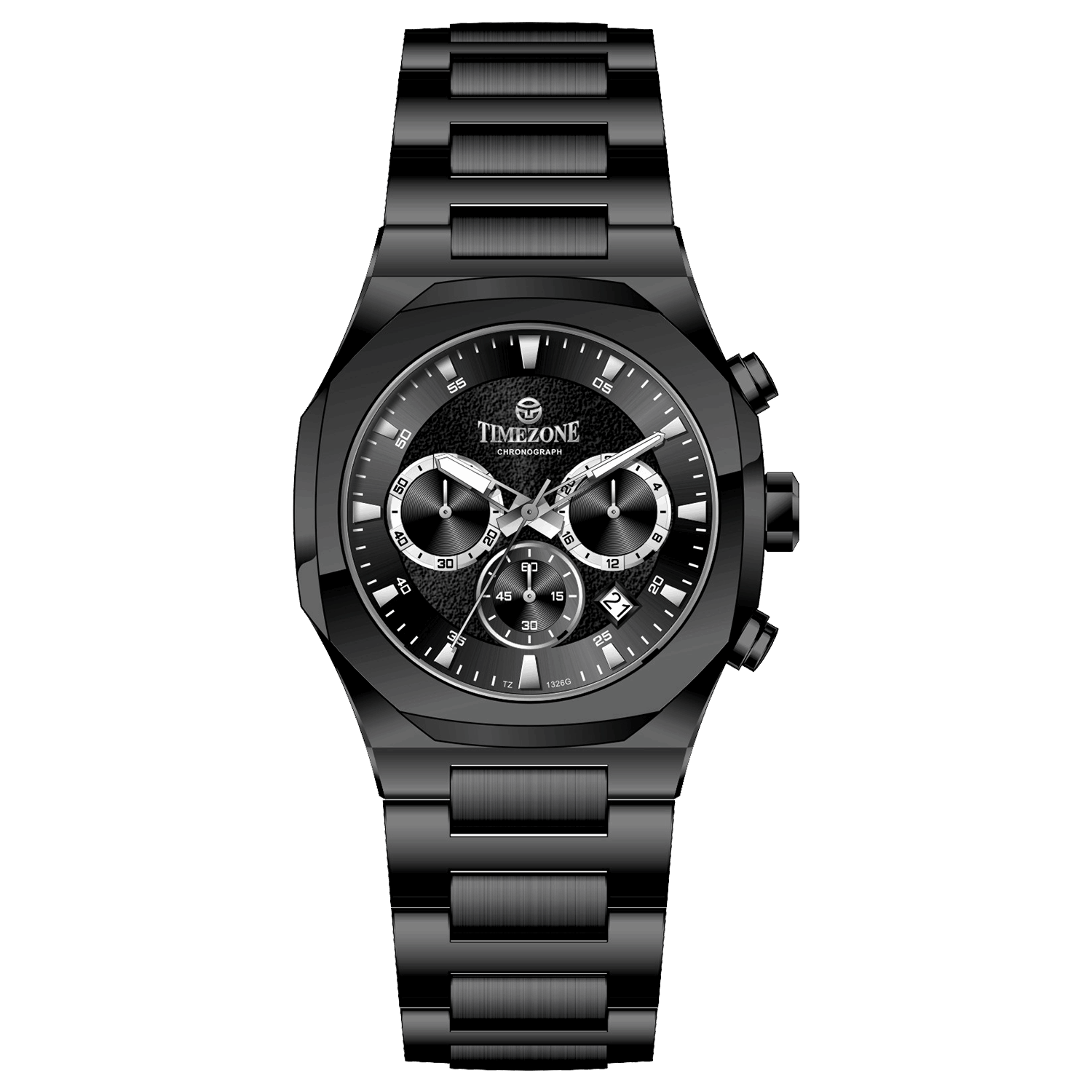 Branded wrist watches for men in pakistan. A black analog chronograph watch with a stainless steel band and a dial featuring multiple subdials and a date display.