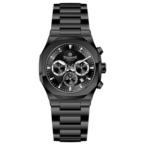 Branded wrist watches for men in pakistan. A black analog chronograph watch with a stainless steel band and a dial featuring multiple subdials and a date display.