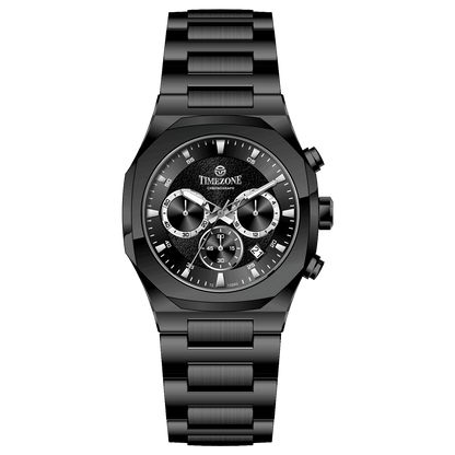 Branded wrist watches for men in pakistan. A black analog chronograph watch with a stainless steel band and a dial featuring multiple subdials and a date display.