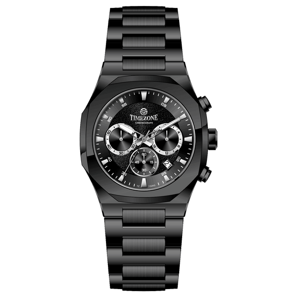 Branded wrist watches for men in pakistan. A black analog chronograph watch with a stainless steel band and a dial featuring multiple subdials and a date display.