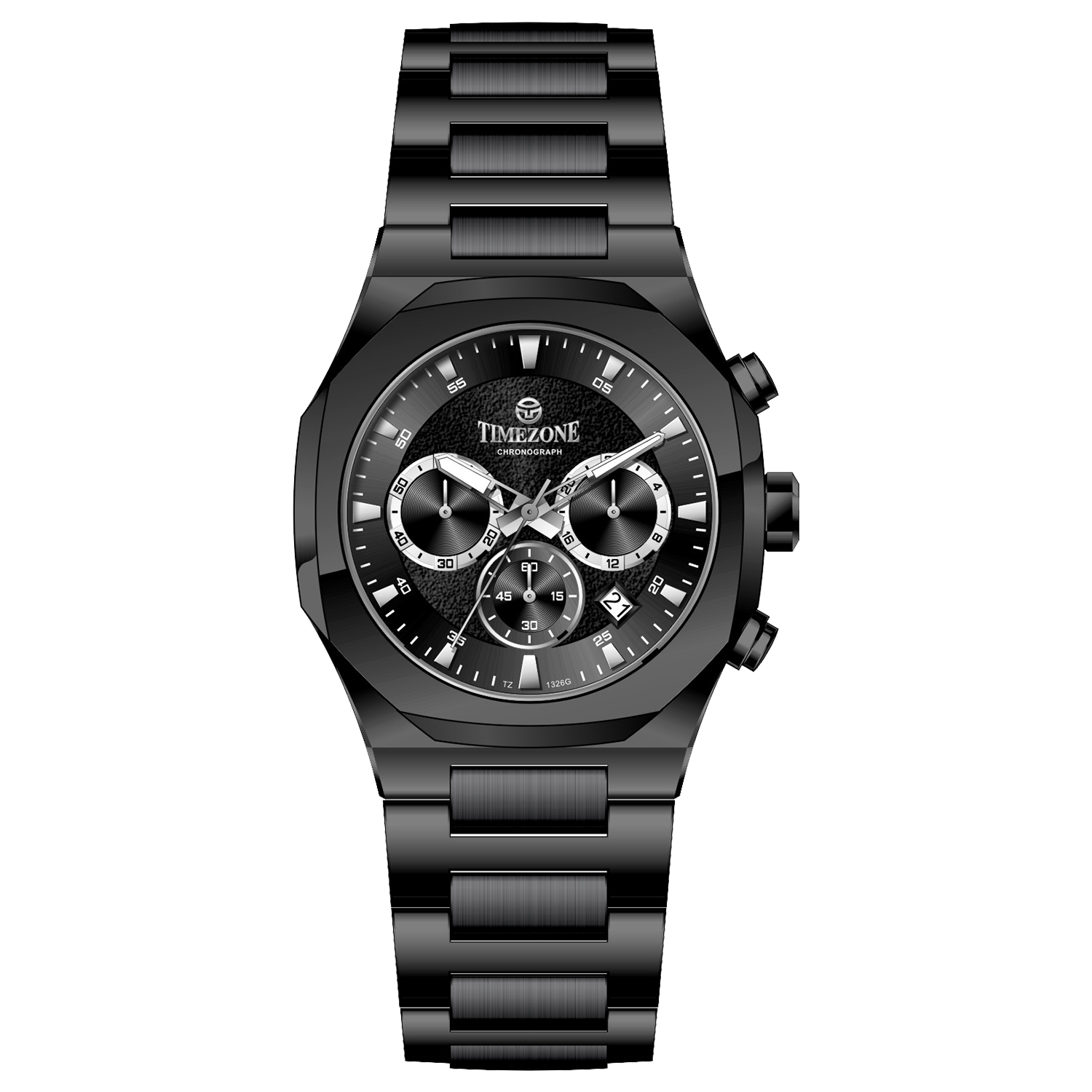 Branded wrist watches for men in pakistan. A black analog chronograph watch with a stainless steel band and a dial featuring multiple subdials and a date display.