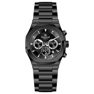 Branded wrist watches for men in pakistan. A black analog chronograph watch with a stainless steel band and a dial featuring multiple subdials and a date display.