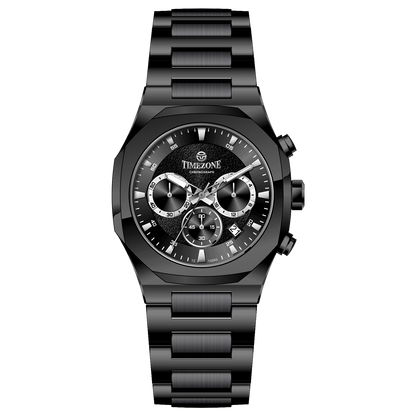 Branded wrist watches for men in pakistan. A black analog chronograph watch with a stainless steel band and a dial featuring multiple subdials and a date display.