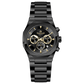 A black analog chronograph watch with a stainless steel band and a dial featuring multiple subdials and a date display. Discover timezone watches: elegant branded wrist watches for men in pakistan