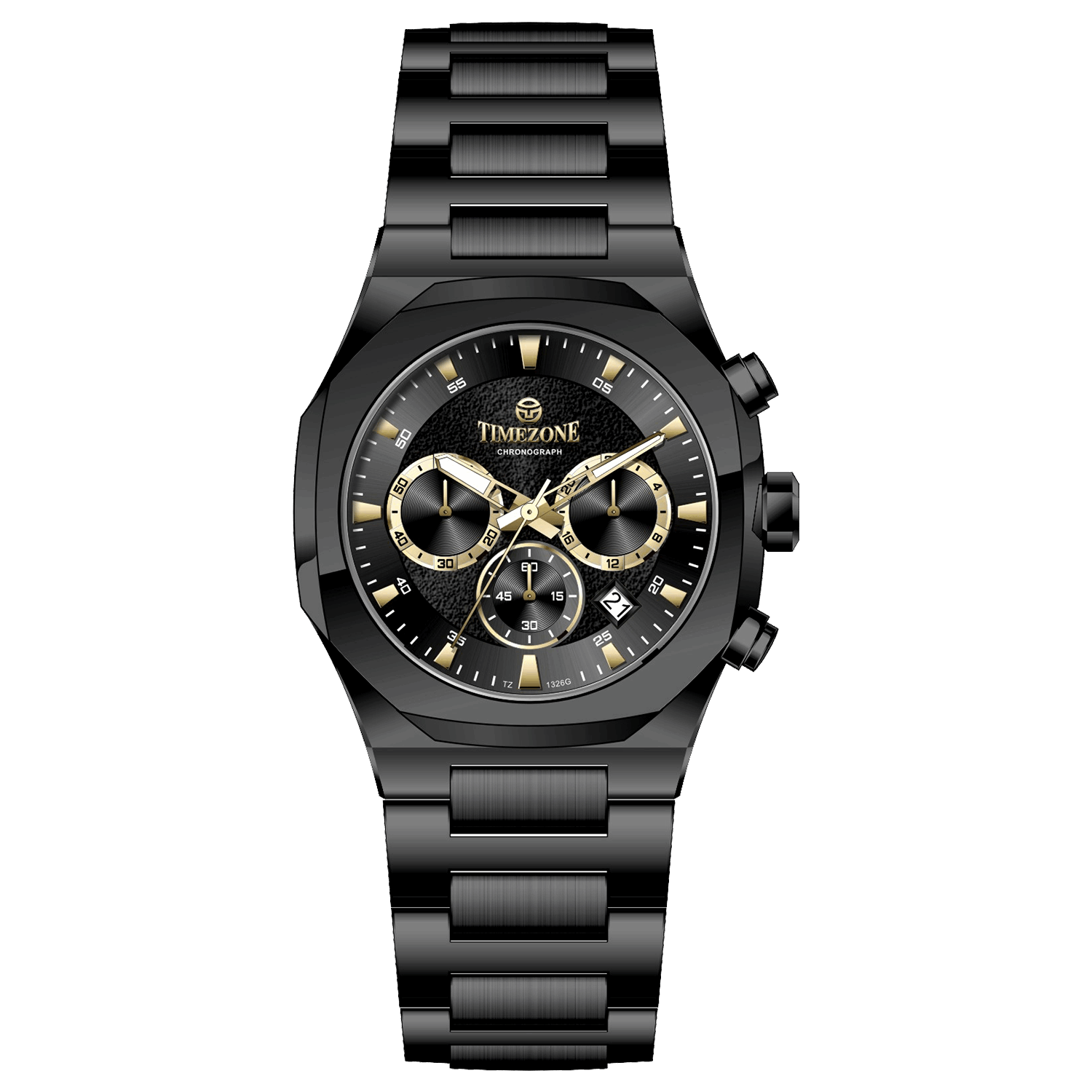 A black analog chronograph watch with a stainless steel band and a dial featuring multiple subdials and a date display. Discover timezone watches: elegant branded wrist watches for men in pakistan