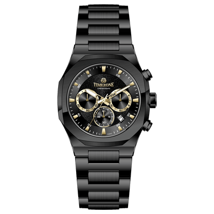 A black analog chronograph watch with a stainless steel band and a dial featuring multiple subdials and a date display. Discover timezone watches: elegant branded wrist watches for men in pakistan