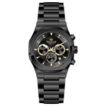 A black analog chronograph watch with a stainless steel band and a dial featuring multiple subdials and a date display. Discover timezone watches: elegant branded wrist watches for men in pakistan