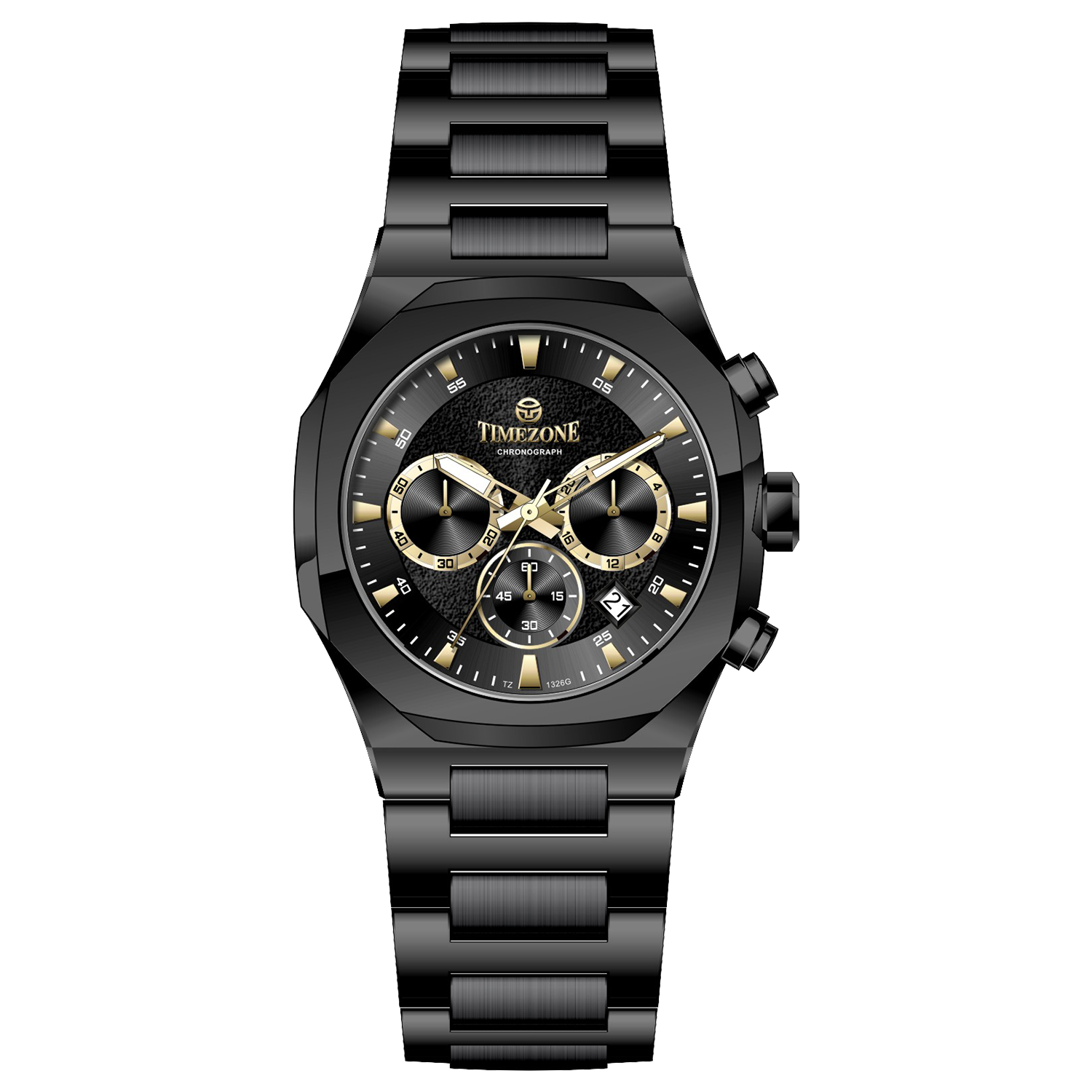 A black analog chronograph watch with a stainless steel band and a dial featuring multiple subdials and a date display. Discover timezone watches: elegant branded wrist watches for men in pakistan