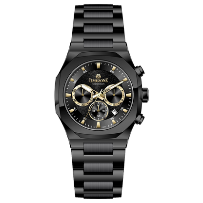 A black analog chronograph watch with a stainless steel band and a dial featuring multiple subdials and a date display. Discover timezone watches: elegant branded wrist watches for men in pakistan