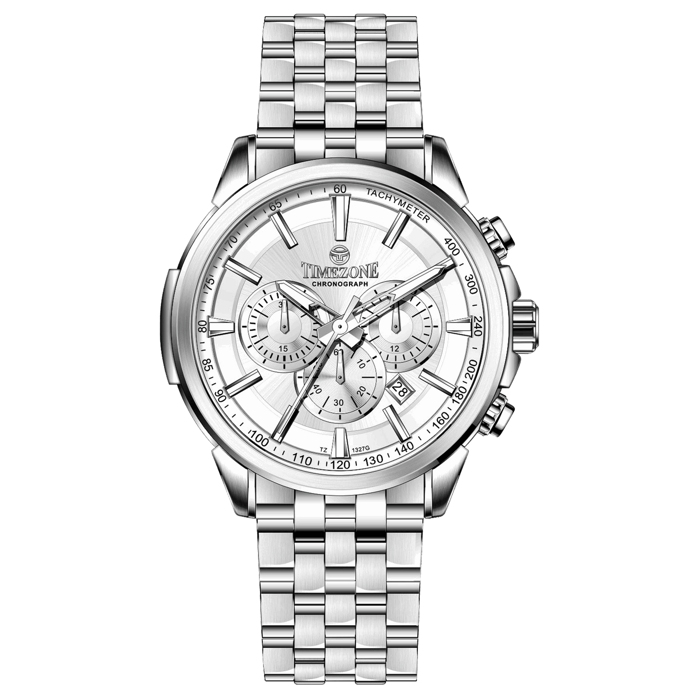 A stainless steel Timezone watch with a silver dial, featuring a date display and a textured band. Discover timezone watches: elegant branded wrist watches for men in pakistan.