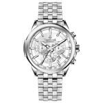 A stainless steel Timezone watch with a silver dial, featuring a date display and a textured band. Discover timezone watches: elegant branded wrist watches for men in pakistan.