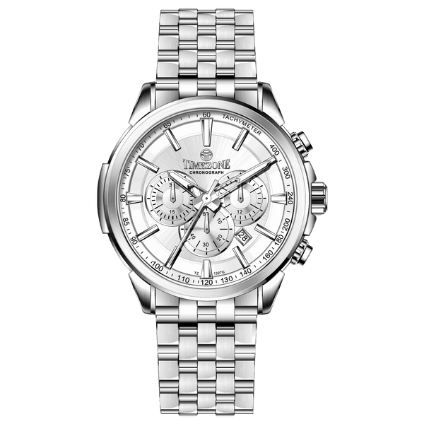 A stainless steel Timezone watch with a silver dial, featuring a date display and a textured band. Discover timezone watches: elegant branded wrist watches for men in pakistan.