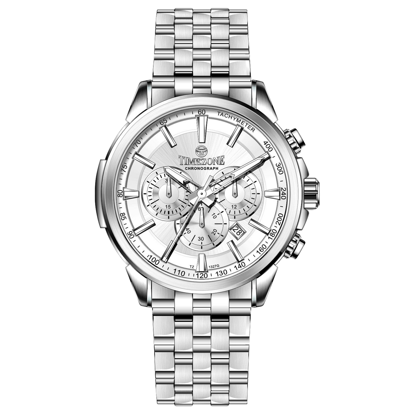 A stainless steel Timezone watch with a silver dial, featuring a date display and a textured band. Discover timezone watches: elegant branded wrist watches for men in pakistan.