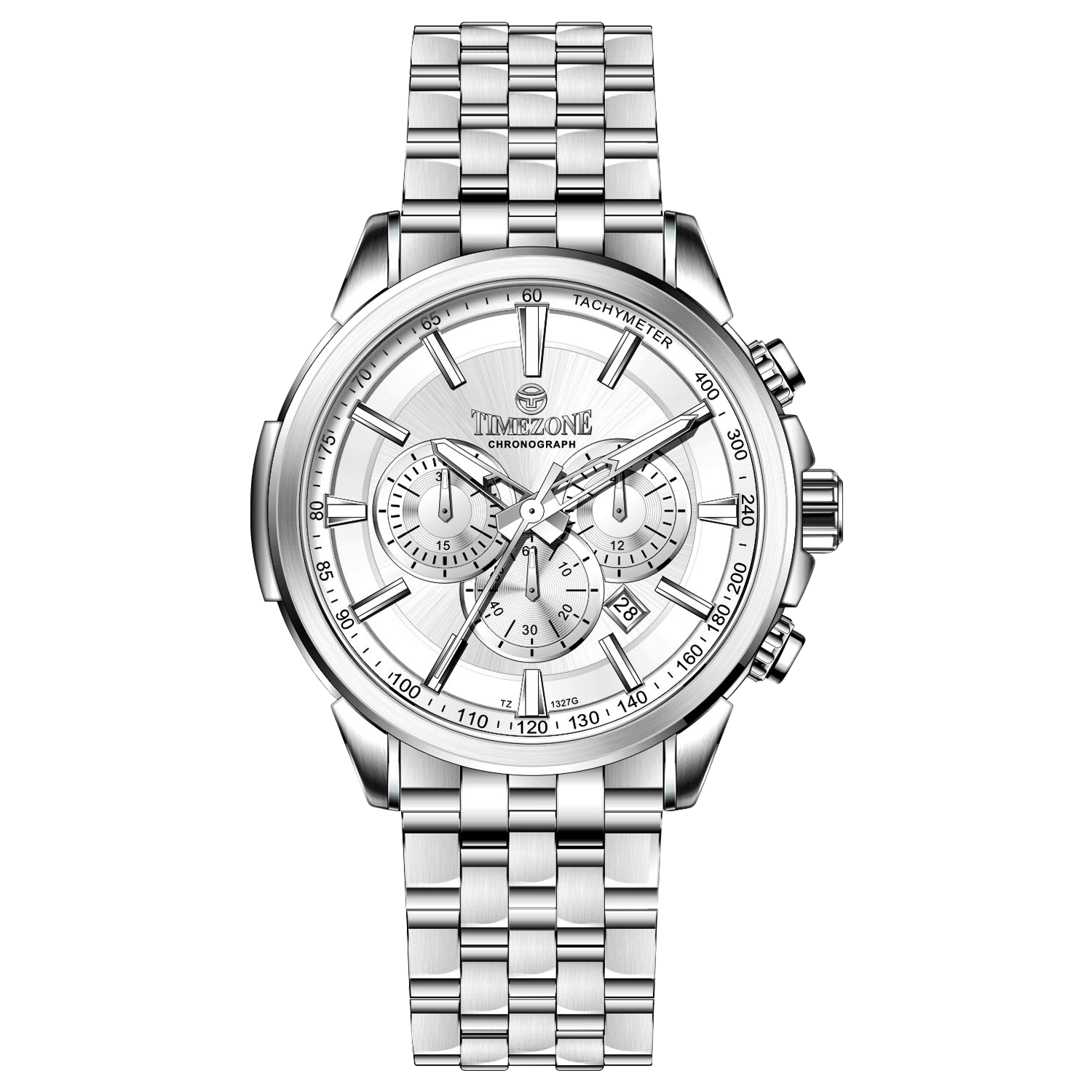 A stainless steel Timezone watch with a silver dial, featuring a date display and a textured band. Discover timezone watches: elegant branded wrist watches for men in pakistan.