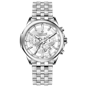 A stainless steel Timezone watch with a silver dial, featuring a date display and a textured band. Discover timezone watches: elegant branded wrist watches for men in pakistan.