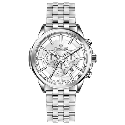 A stainless steel Timezone watch with a silver dial, featuring a date display and a textured band. Discover timezone watches: elegant branded wrist watches for men in pakistan.