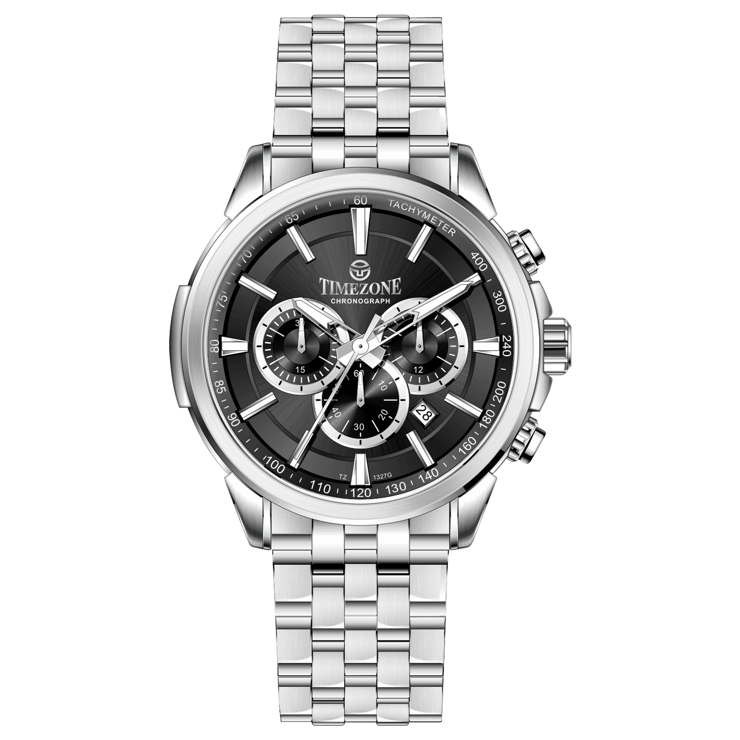 A stainless steel Timezone watch with a silver dial, featuring a date display and a textured band. Discover timezone watches: elegant branded wrist watches for men in pakistan.