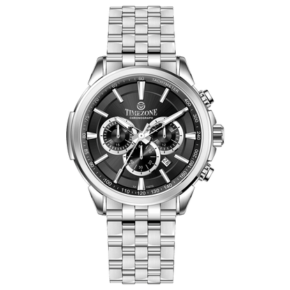 A stainless steel Timezone watch with a silver dial, featuring a date display and a textured band. Discover timezone watches: elegant branded wrist watches for men in pakistan.