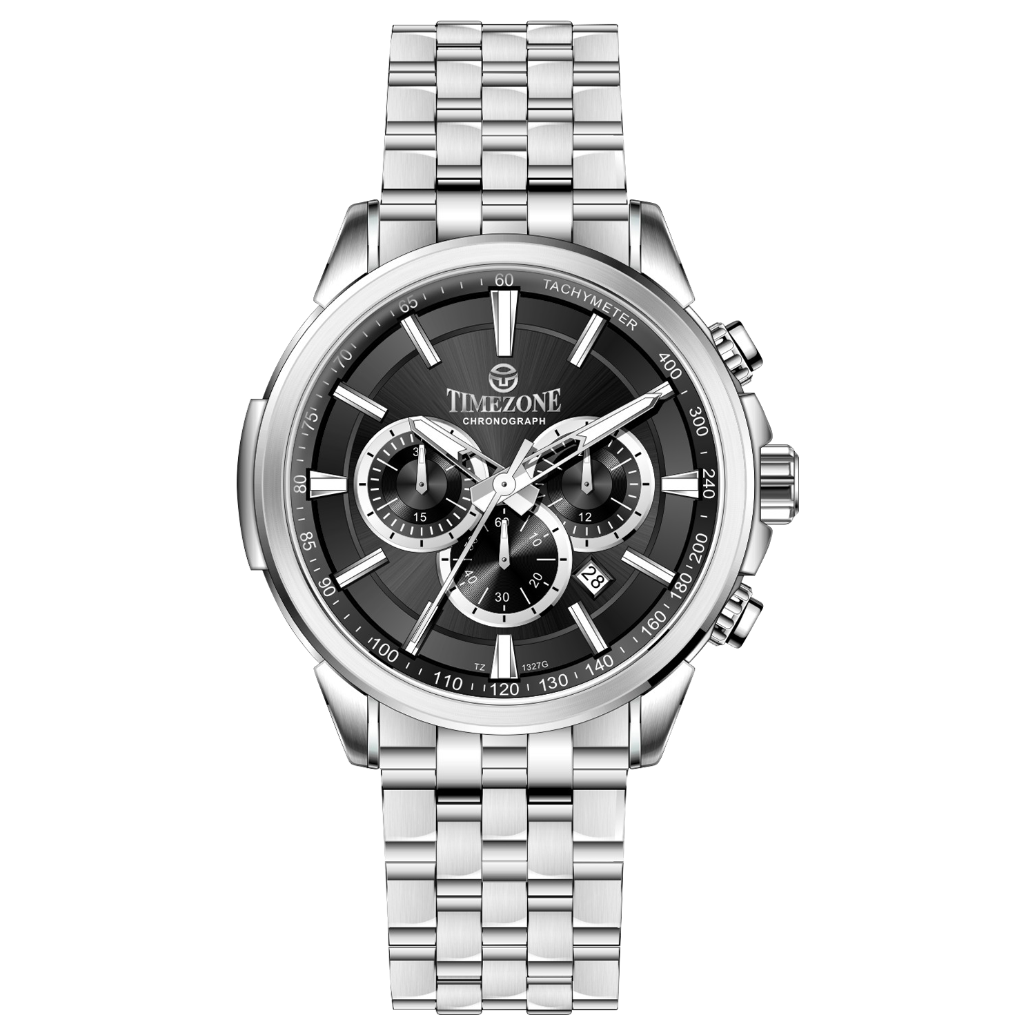 A stainless steel Timezone watch with a silver dial, featuring a date display and a textured band. Discover timezone watches: elegant branded wrist watches for men in pakistan.