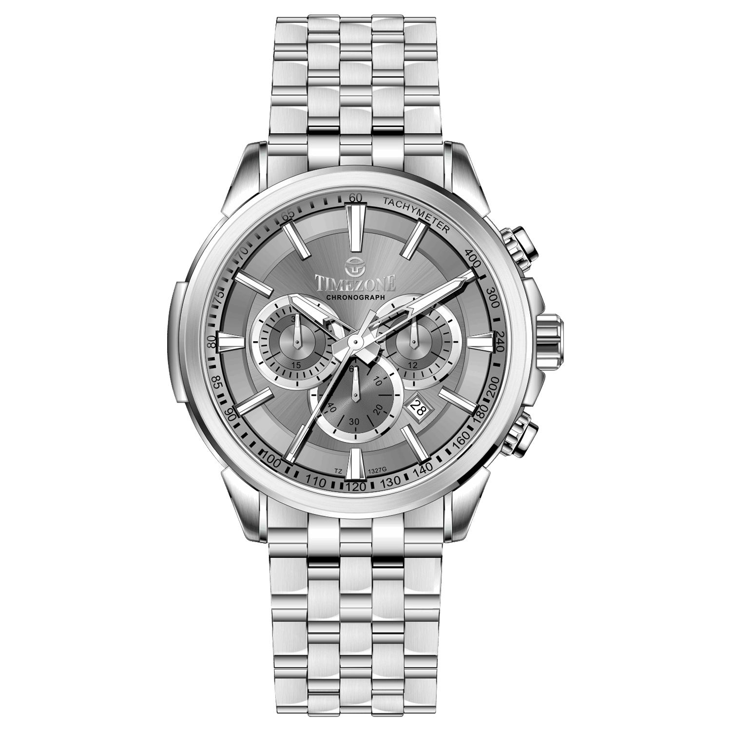 A stainless steel timezone watch with a silver dial, featuring a date display and a textured band. Discover timezone watches: elegant branded wrist watches for men in pakistan.