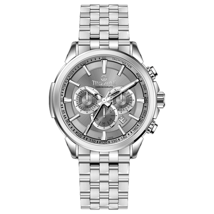 A stainless steel timezone watch with a silver dial, featuring a date display and a textured band. Discover timezone watches: elegant branded wrist watches for men in pakistan.