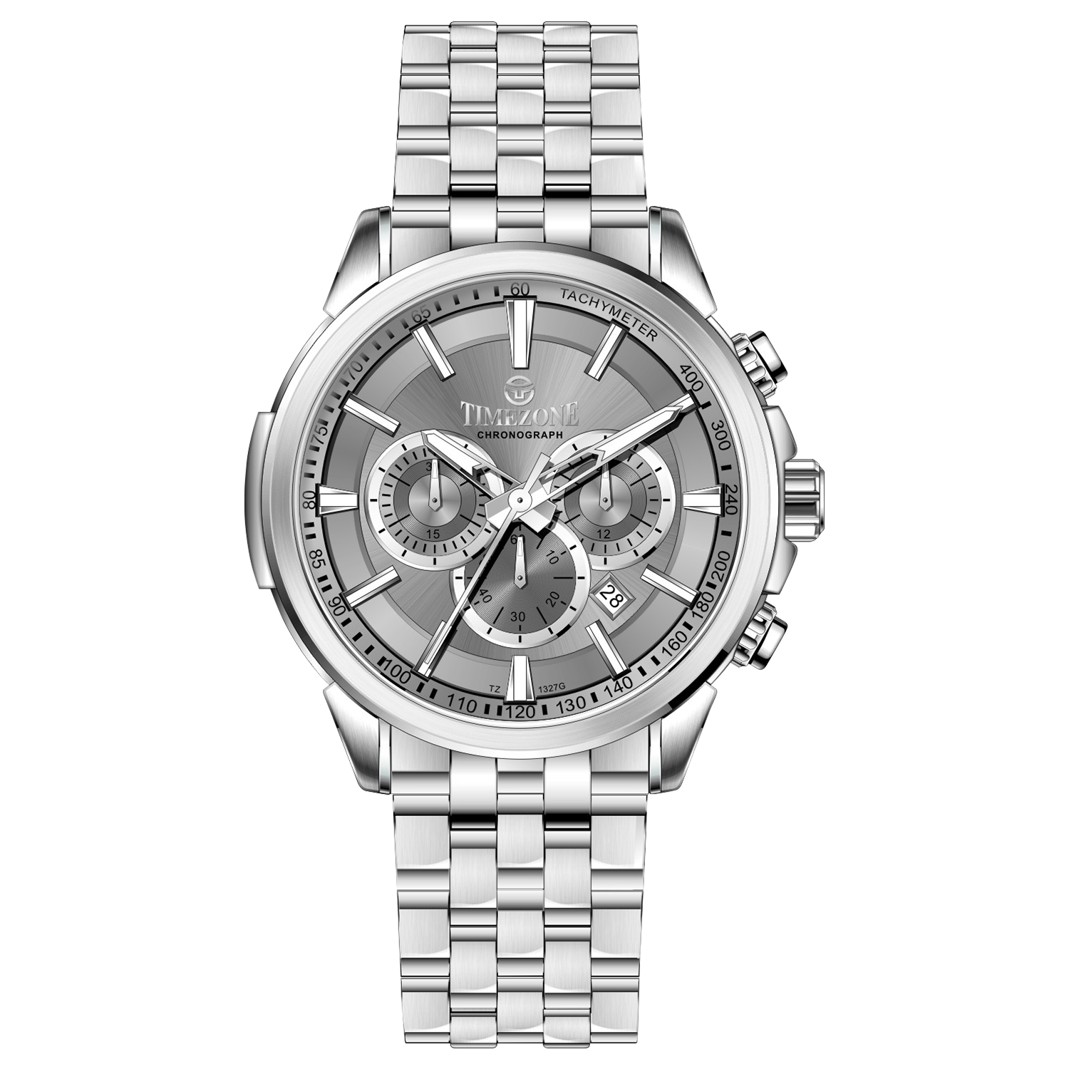 A stainless steel timezone watch with a silver dial, featuring a date display and a textured band. Discover timezone watches: elegant branded wrist watches for men in pakistan.