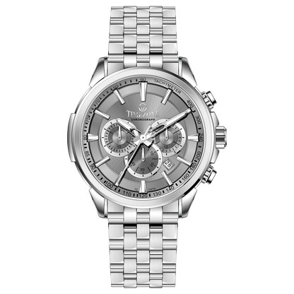 A stainless steel timezone watch with a silver dial, featuring a date display and a textured band. Discover timezone watches: elegant branded wrist watches for men in pakistan.