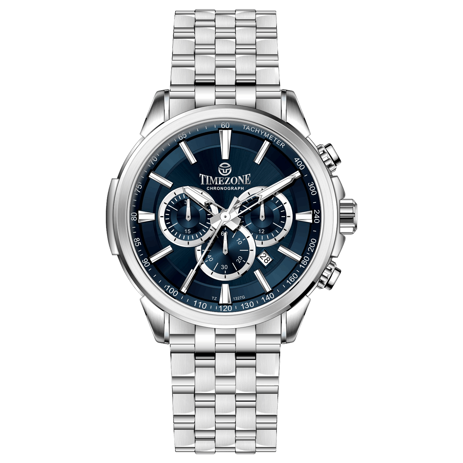 A stainless steel Timezone watch with a silver dial, featuring a date display and a textured band. Discover timezone watches: elegant branded wrist watches for men in pakistan.
