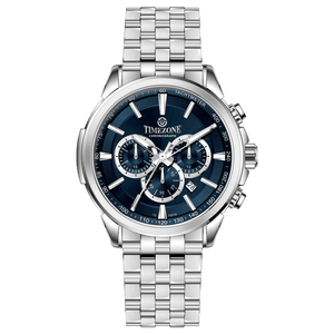 A stainless steel Timezone watch with a silver dial, featuring a date display and a textured band. Discover timezone watches: elegant branded wrist watches for men in pakistan.