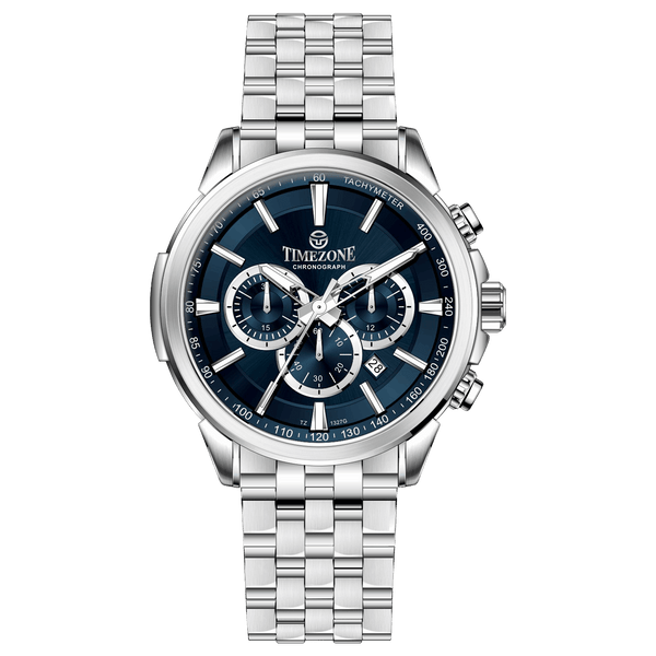 A stainless steel Timezone watch with a silver dial, featuring a date display and a textured band. Discover timezone watches: elegant branded wrist watches for men in pakistan.