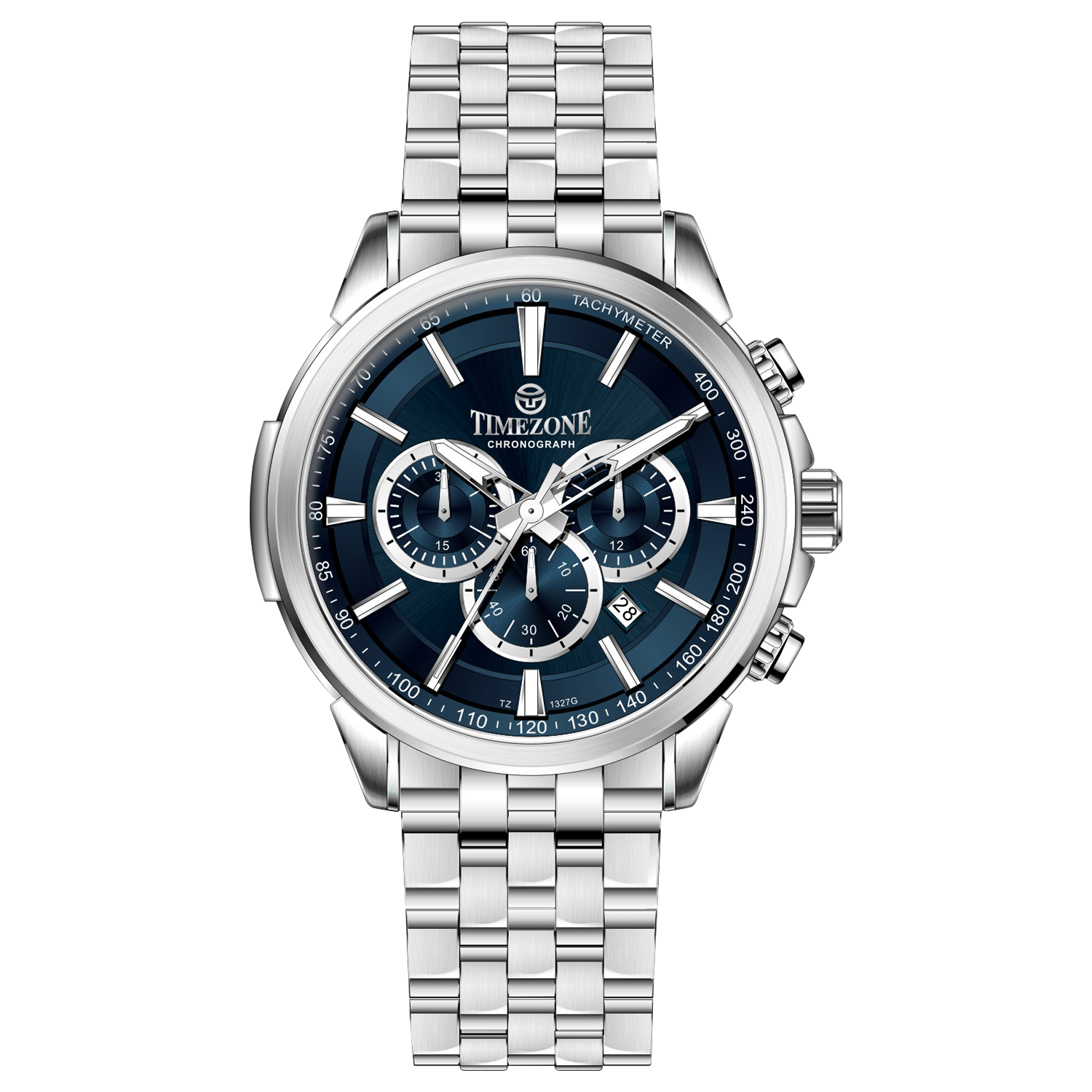 A stainless steel Timezone watch with a silver dial, featuring a date display and a textured band. Discover timezone watches: elegant branded wrist watches for men in pakistan.
