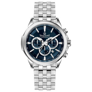 A stainless steel Timezone watch with a silver dial, featuring a date display and a textured band. Discover timezone watches: elegant branded wrist watches for men in pakistan.