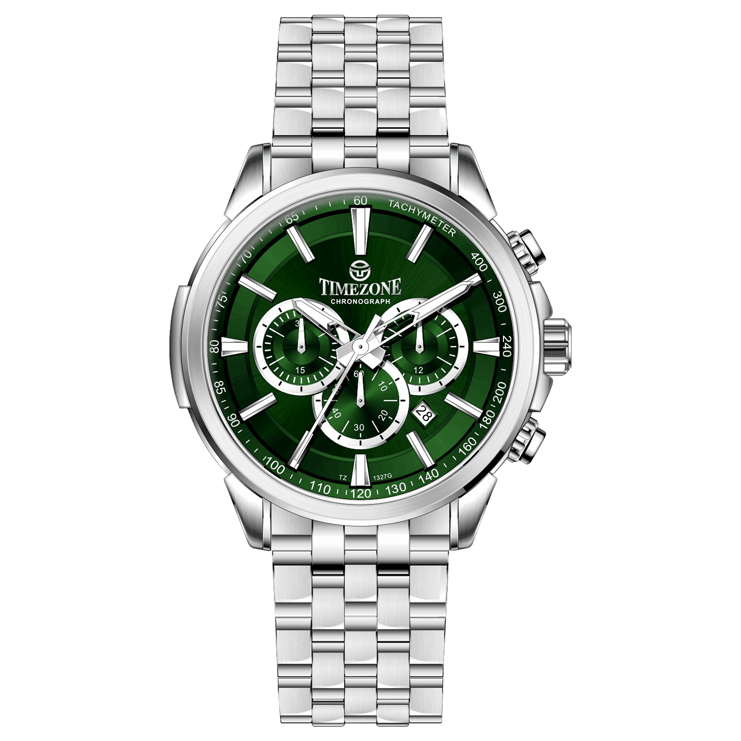 A stainless steel timezone watch with a silver dial, featuring a date display. Discover timezone watches: elegant branded wrist watches for men in pakistan.