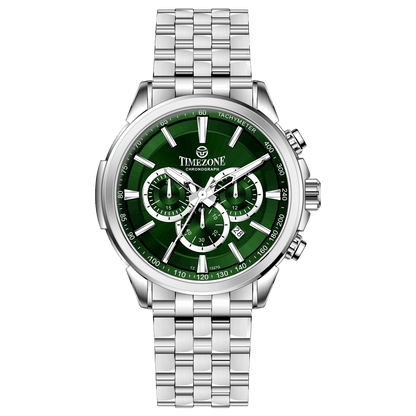 A stainless steel timezone watch with a silver dial, featuring a date display. Discover timezone watches: elegant branded wrist watches for men in pakistan.