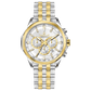 A stainless steel chronograph watch with a gold-tone band and casing, featuring a silver dial. Discover timezone watches: elegant branded wrist watches for men in pakistan.