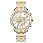 A stainless steel chronograph watch with a gold-tone band and casing, featuring a silver dial. Discover timezone watches: elegant branded wrist watches for men in pakistan.