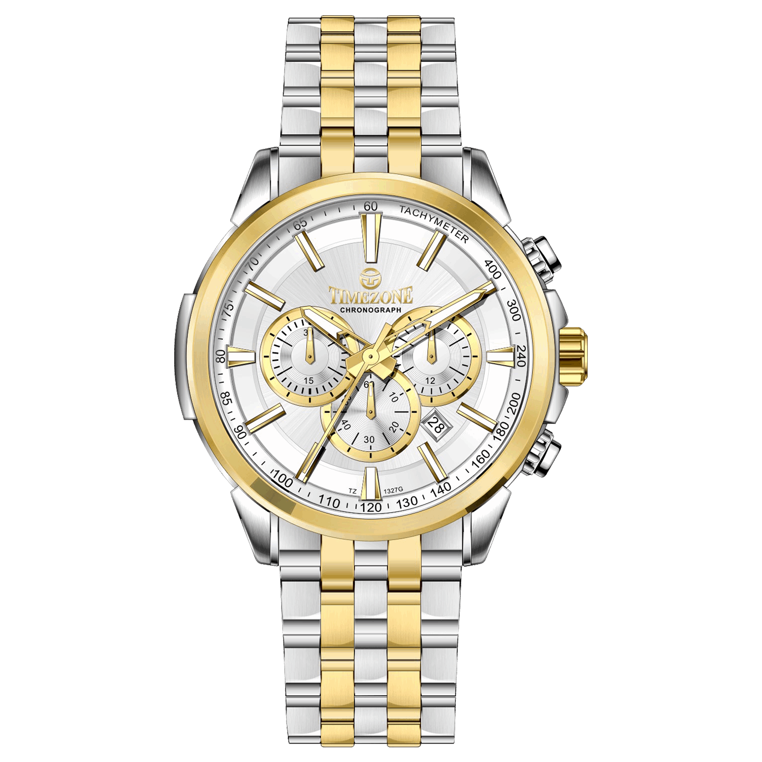 A stainless steel chronograph watch with a gold-tone band and casing, featuring a silver dial. Discover timezone watches: elegant branded wrist watches for men in pakistan.