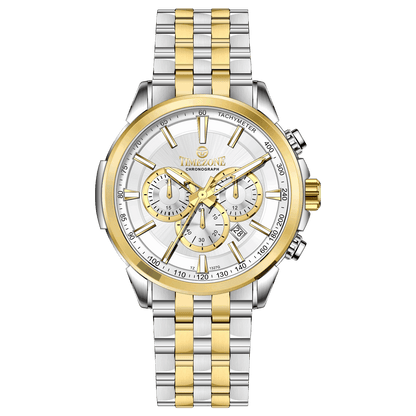 A stainless steel chronograph watch with a gold-tone band and casing, featuring a silver dial. Discover timezone watches: elegant branded wrist watches for men in pakistan.