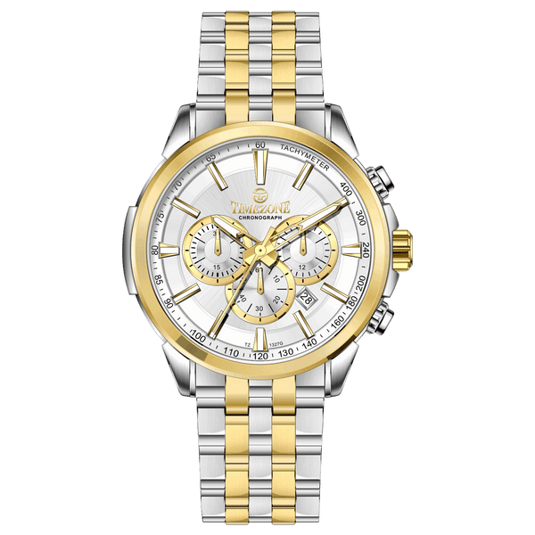 A stainless steel chronograph watch with a gold-tone band and casing, featuring a silver dial. Discover timezone watches: elegant branded wrist watches for men in pakistan.
