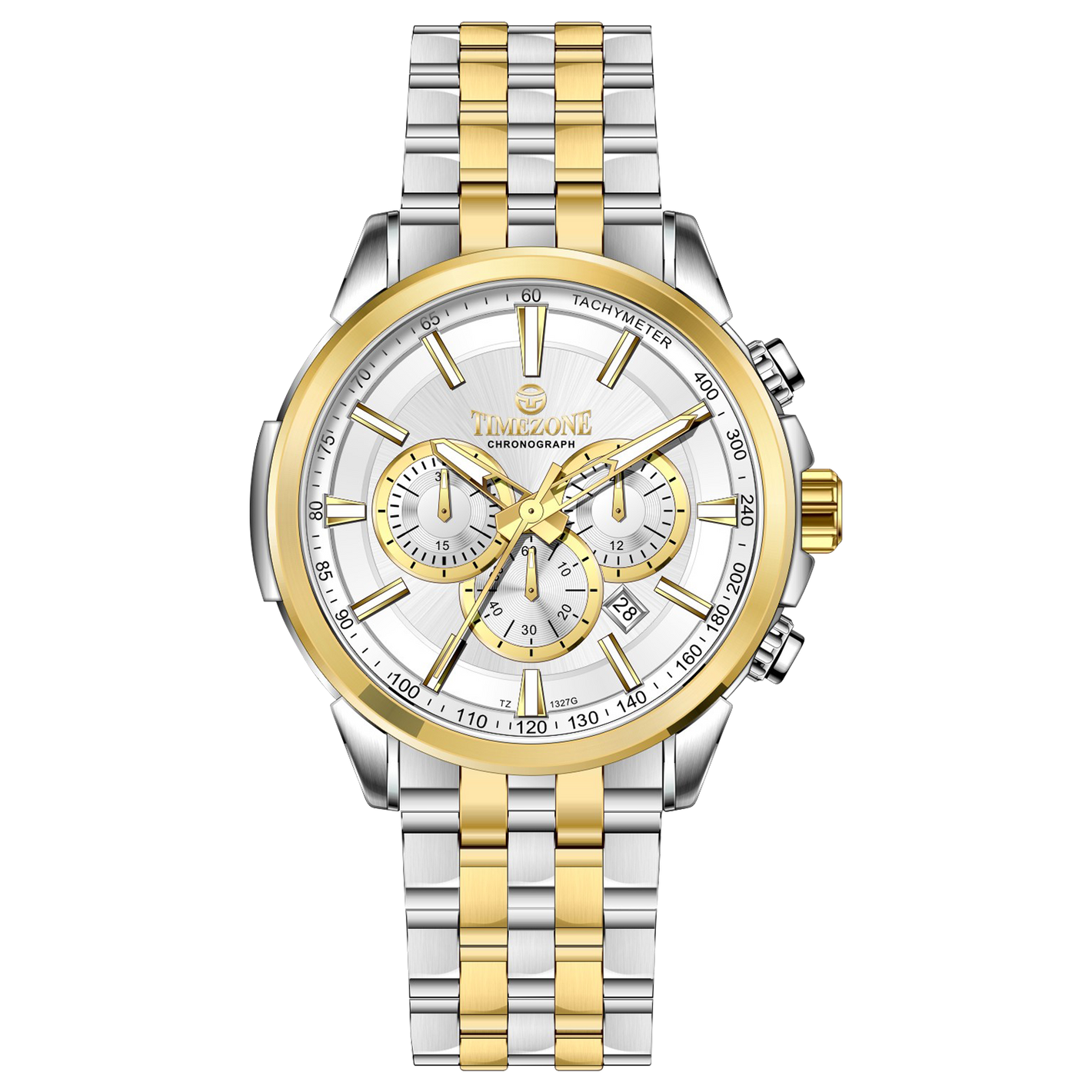 A stainless steel chronograph watch with a gold-tone band and casing, featuring a silver dial. Discover timezone watches: elegant branded wrist watches for men in pakistan.