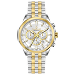 A stainless steel chronograph watch with a gold-tone band and casing, featuring a silver dial. Discover timezone watches: elegant branded wrist watches for men in pakistan.