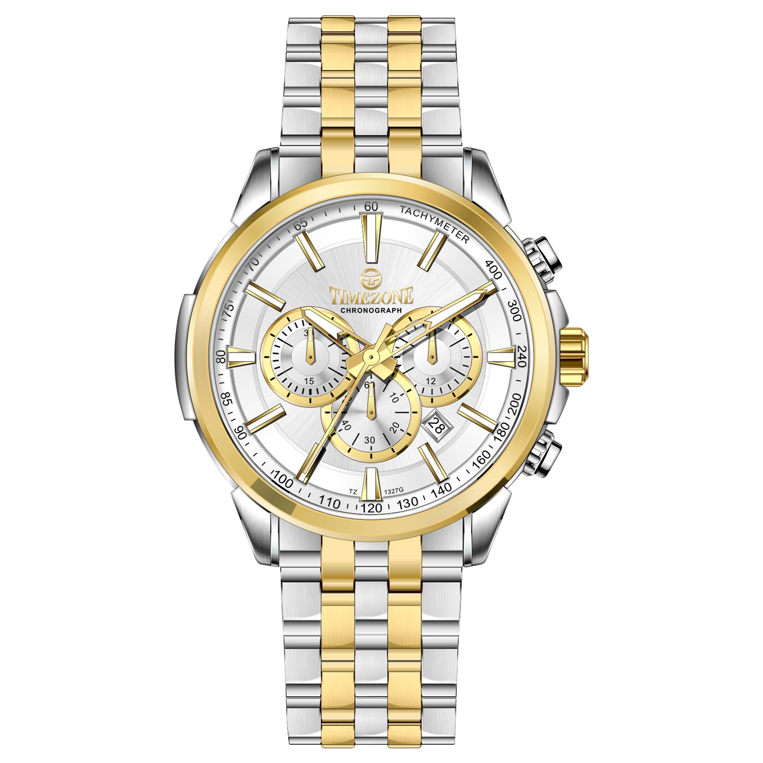 A stainless steel chronograph watch with a gold-tone band and casing, featuring a silver dial. Discover timezone watches: elegant branded wrist watches for men in pakistan.