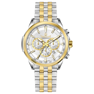 A stainless steel chronograph watch with a gold-tone band and casing, featuring a silver dial. Discover timezone watches: elegant branded wrist watches for men in pakistan.