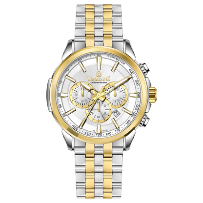 A stainless steel chronograph watch with a gold-tone band and casing, featuring a silver dial. Discover timezone watches: elegant branded wrist watches for men in pakistan.