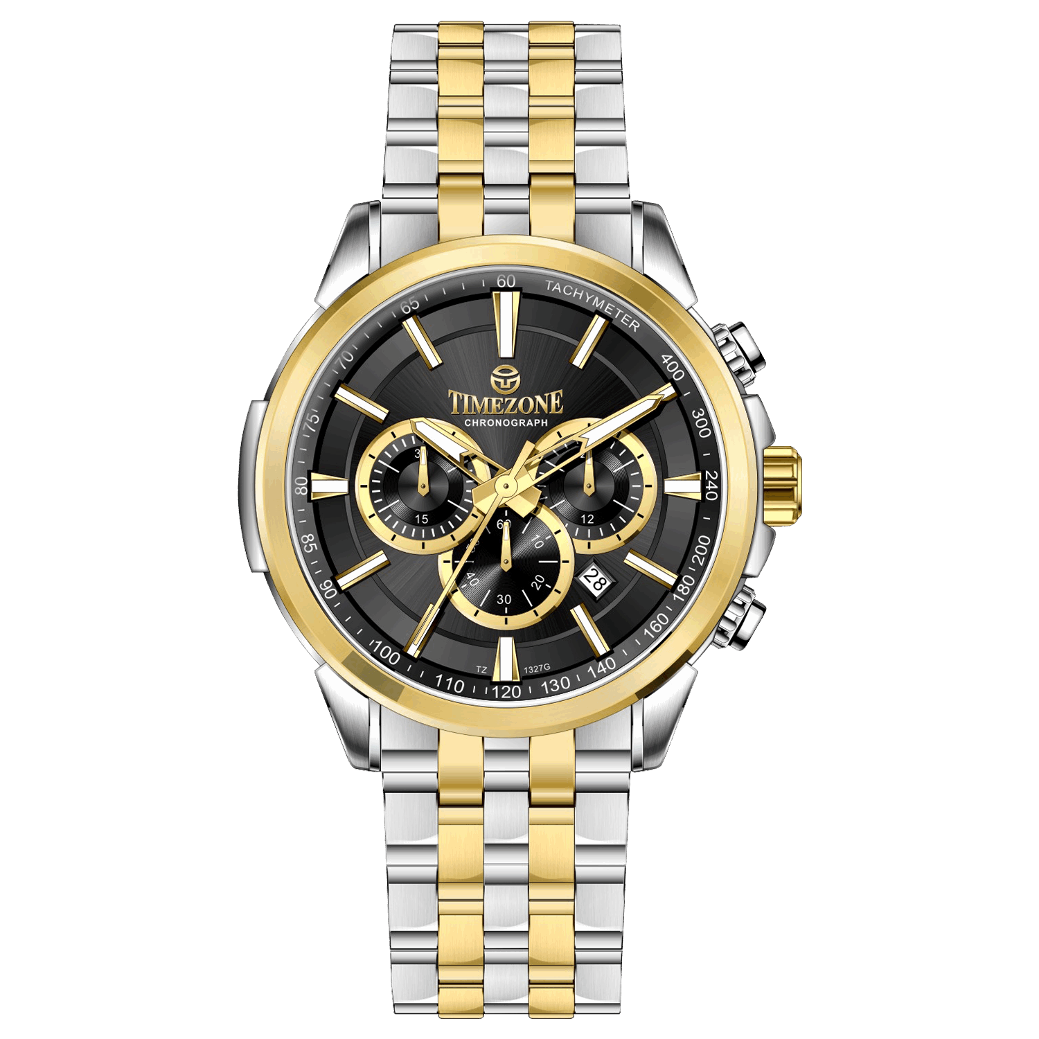 A stainless steel chronograph watch with a gold-tone band. Discover timezone watches: elegant branded wrist watches for men in pakistan.