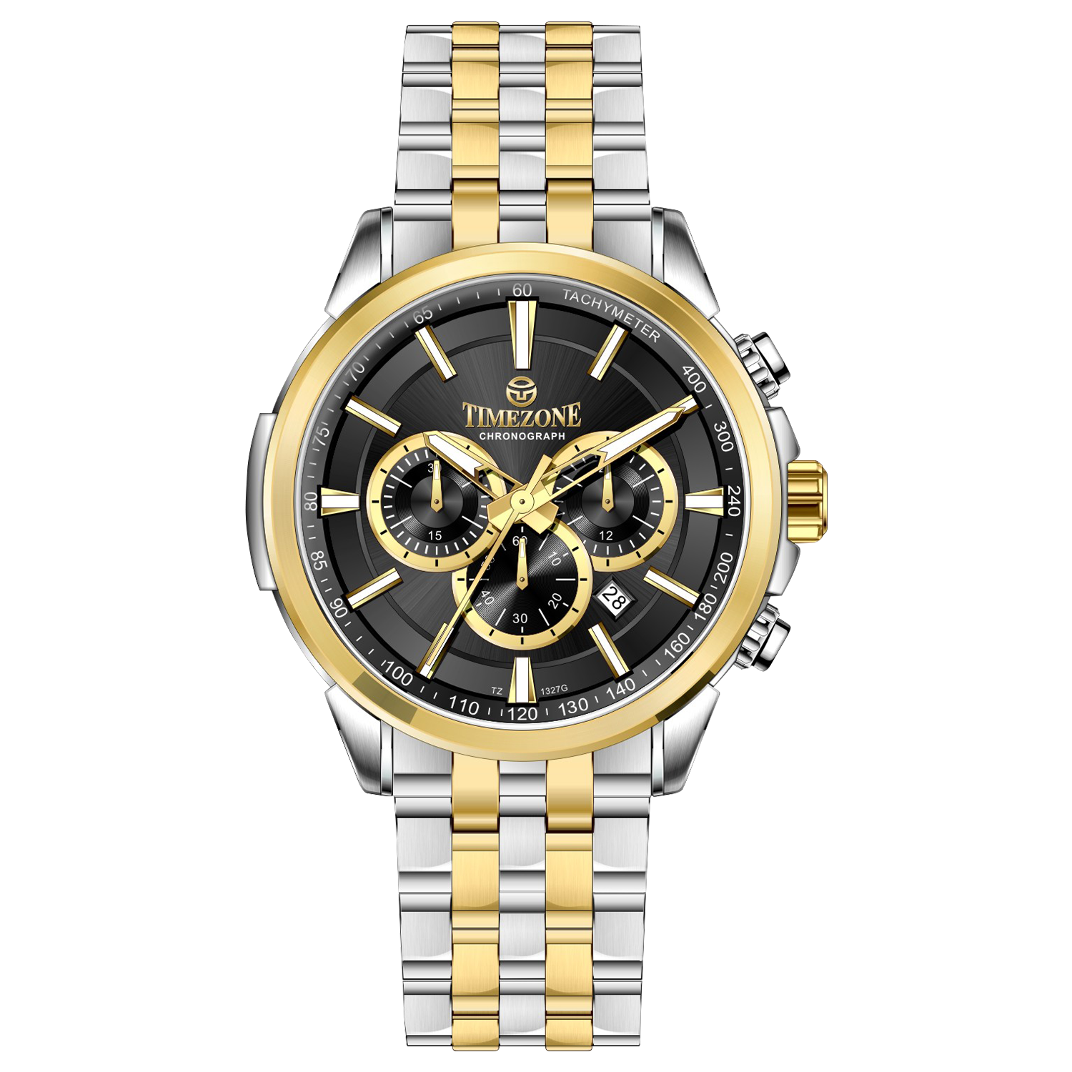 A stainless steel chronograph watch with a gold-tone band. Discover timezone watches: elegant branded wrist watches for men in pakistan.